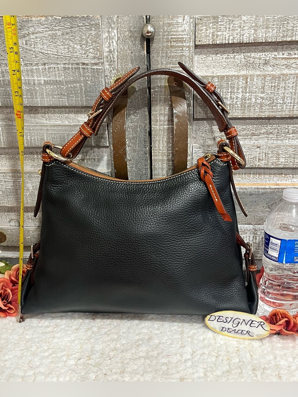 Dooney & BOURKE Pebbled Leather Hobo Shoulder Bag Black With Brown Trim - Picture 7 of 12